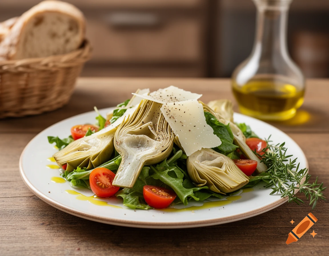 A photorealistic artichoke salad with cherry tomatoes, Parmesan cheese, and greens, drizzled with olive oil, on a white plate with bread and oil in the background.