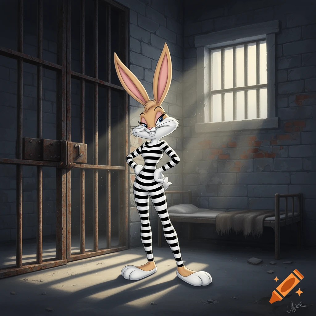 Cartoon Lola Bunny in a striped prison uniform stands confidently in a dimly lit cell with bars.