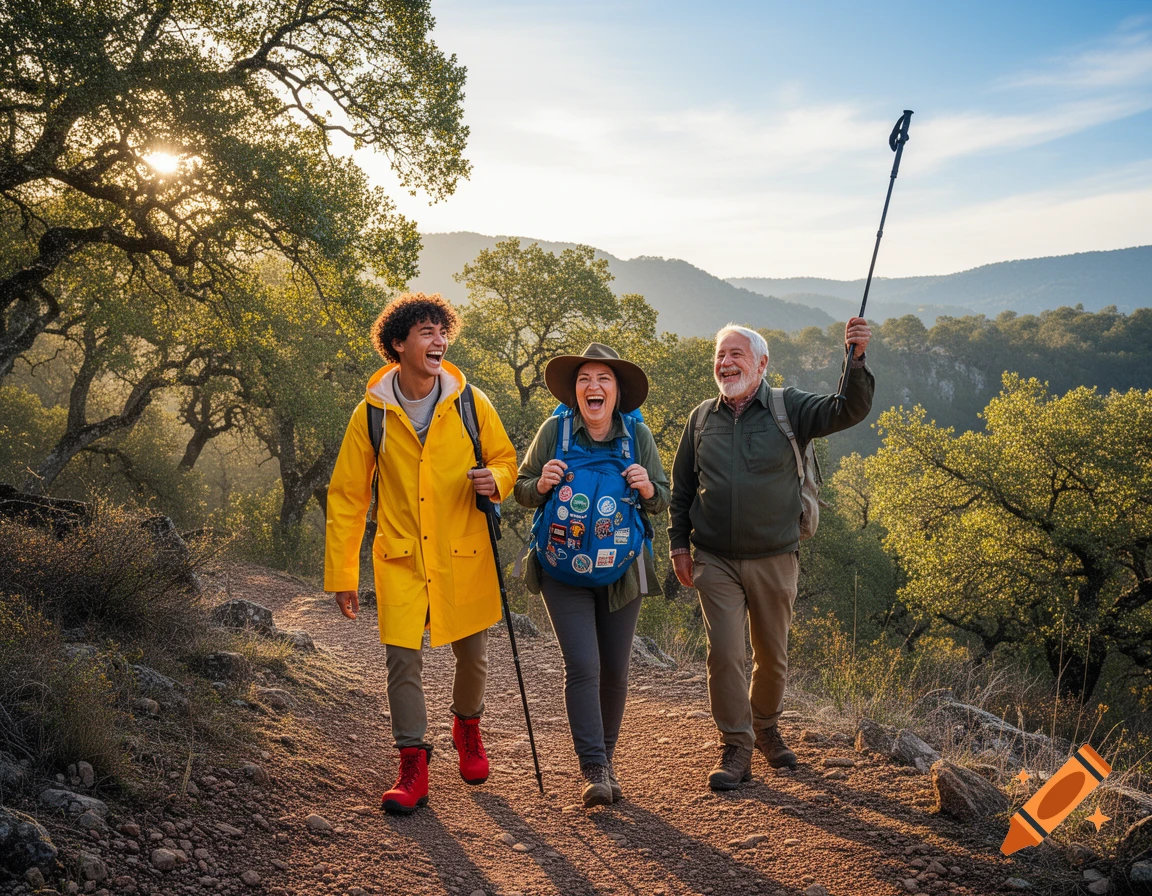 Three happy hikers, a young man, a woman, and an older man, laugh while walking on a sunny forest trail.