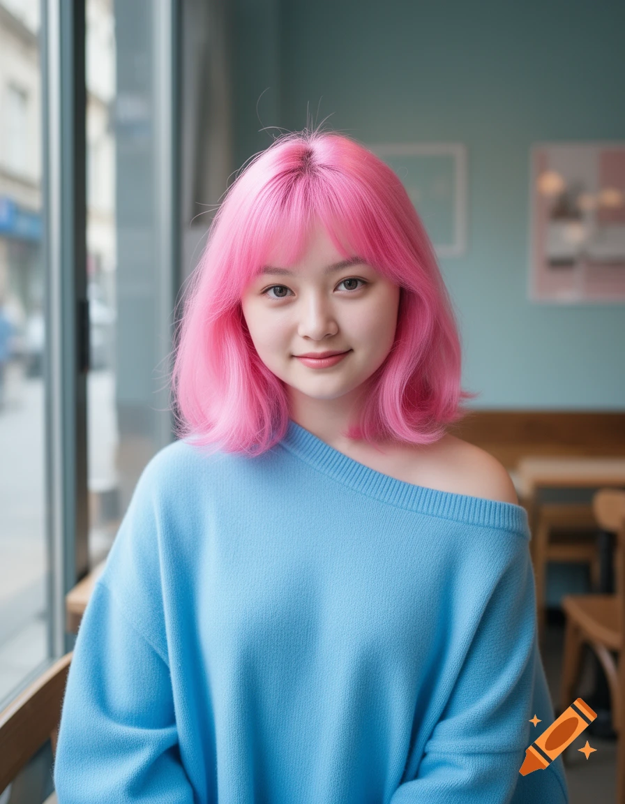 A photorealistic portrait of a young woman with vibrant pink hair, wearing an off-shoulder blue sweater, smiling in a cafe.