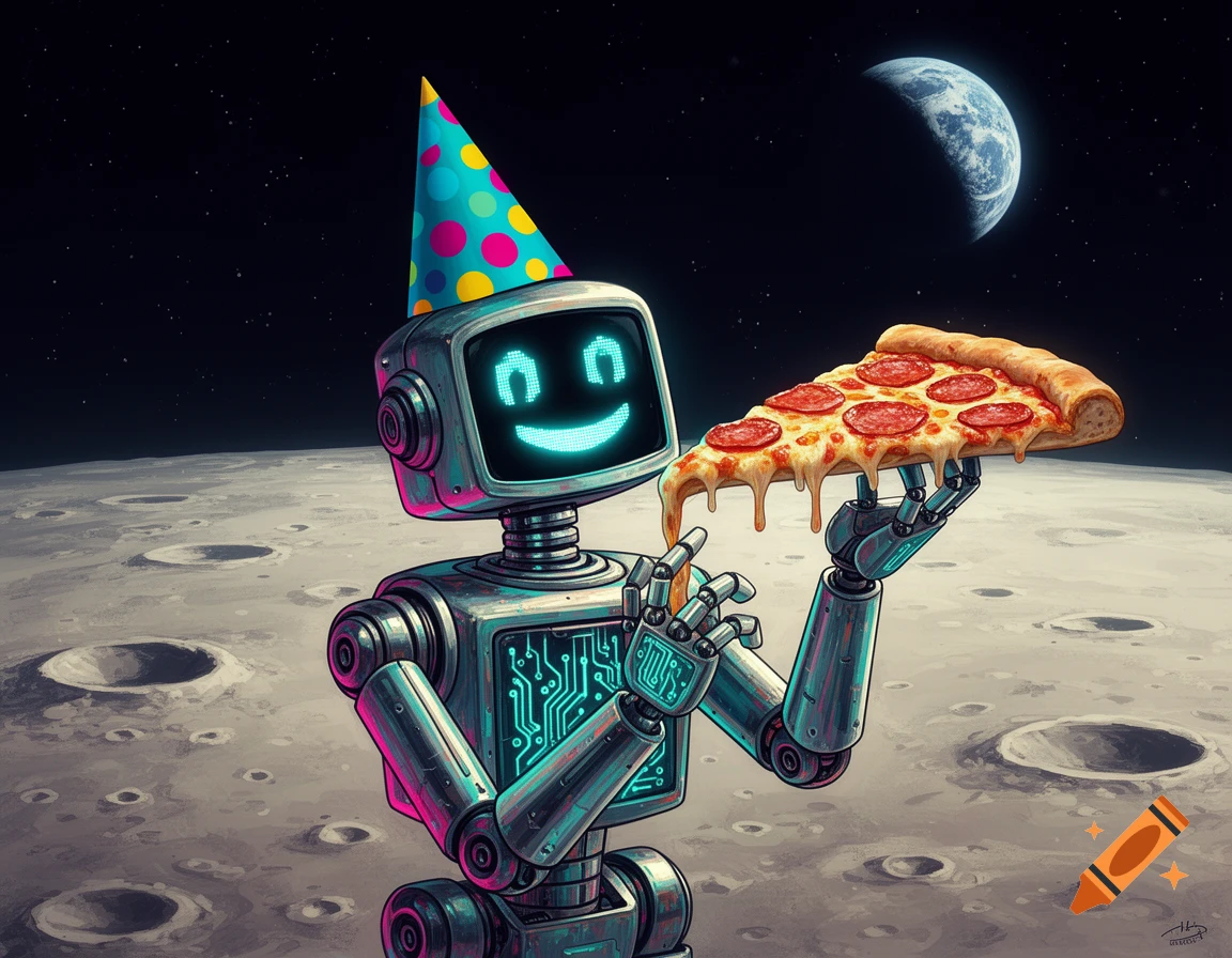 A cheerful robot wearing a party hat holds a large slice of pepperoni pizza on the moon, with Earth in the background, in a vibrant digital art style.