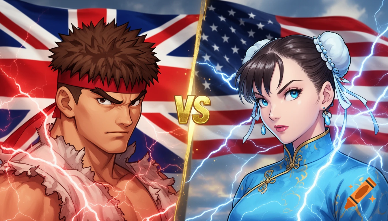 Anime art of Ryu and Chun-Li from Street Fighter in a versus screen, Ryu with UK flag and red lightning, Chun-Li with US flag and blue lightning.