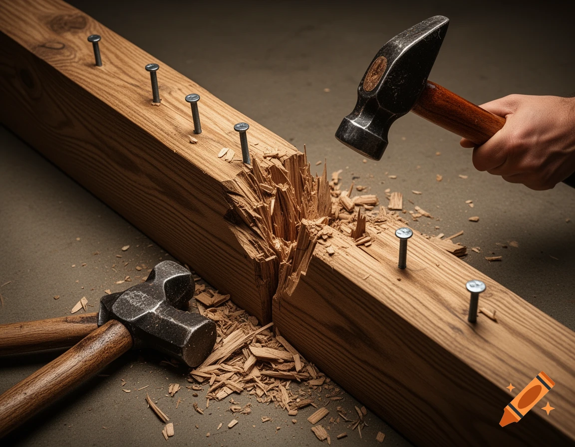 A close-up, photorealistic image of a wooden beam with several nails partially driven in, lying on a concrete surface. One section of the beam is heavily splintered and broken. A hand holds a hammer poised to strike near an intact section of the beam, while another hammer lies on the ground next to the broken wood.