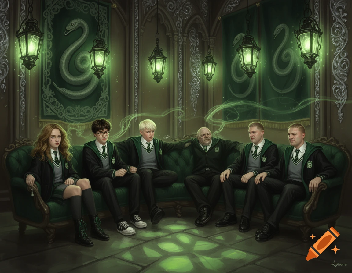 Hermione, Harry, Draco, and other students in Slytherin robes relax on a green sofa in the Slytherin common room, illuminated by glowing lanterns and green light.