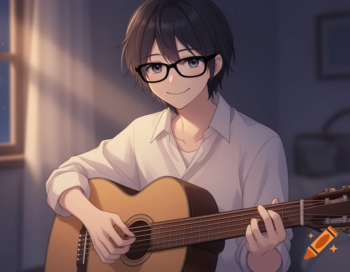 Anime character with black hair and glasses playing an acoustic guitar, smiling shyly in soft light.