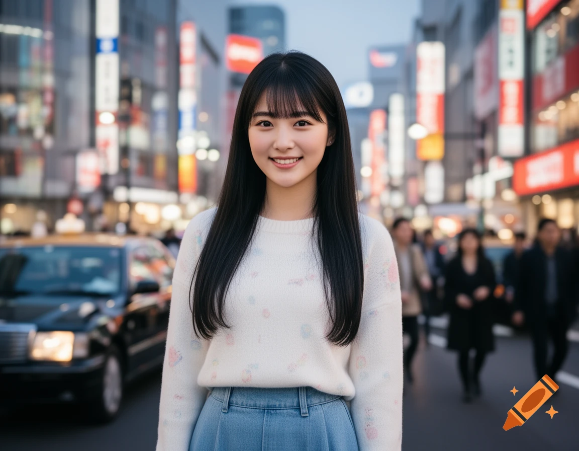 A young Asian woman with long black hair and bangs smiles at the camera on a busy city street with blurred neon signs and a taxi in the background.
