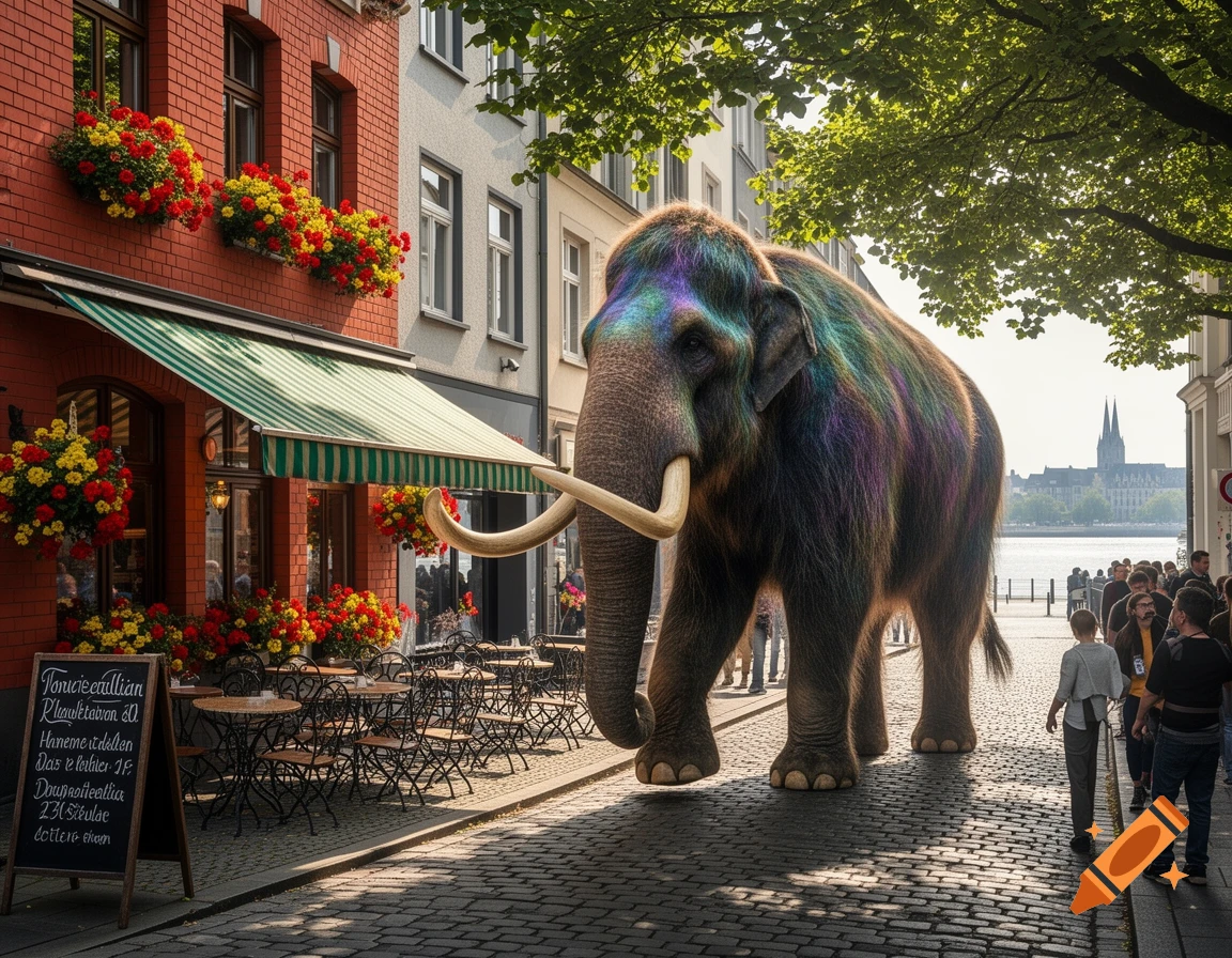 A massive, colorful mammoth walks down a European cobblestone street past a red-brick Italian restaurant with flower boxes.