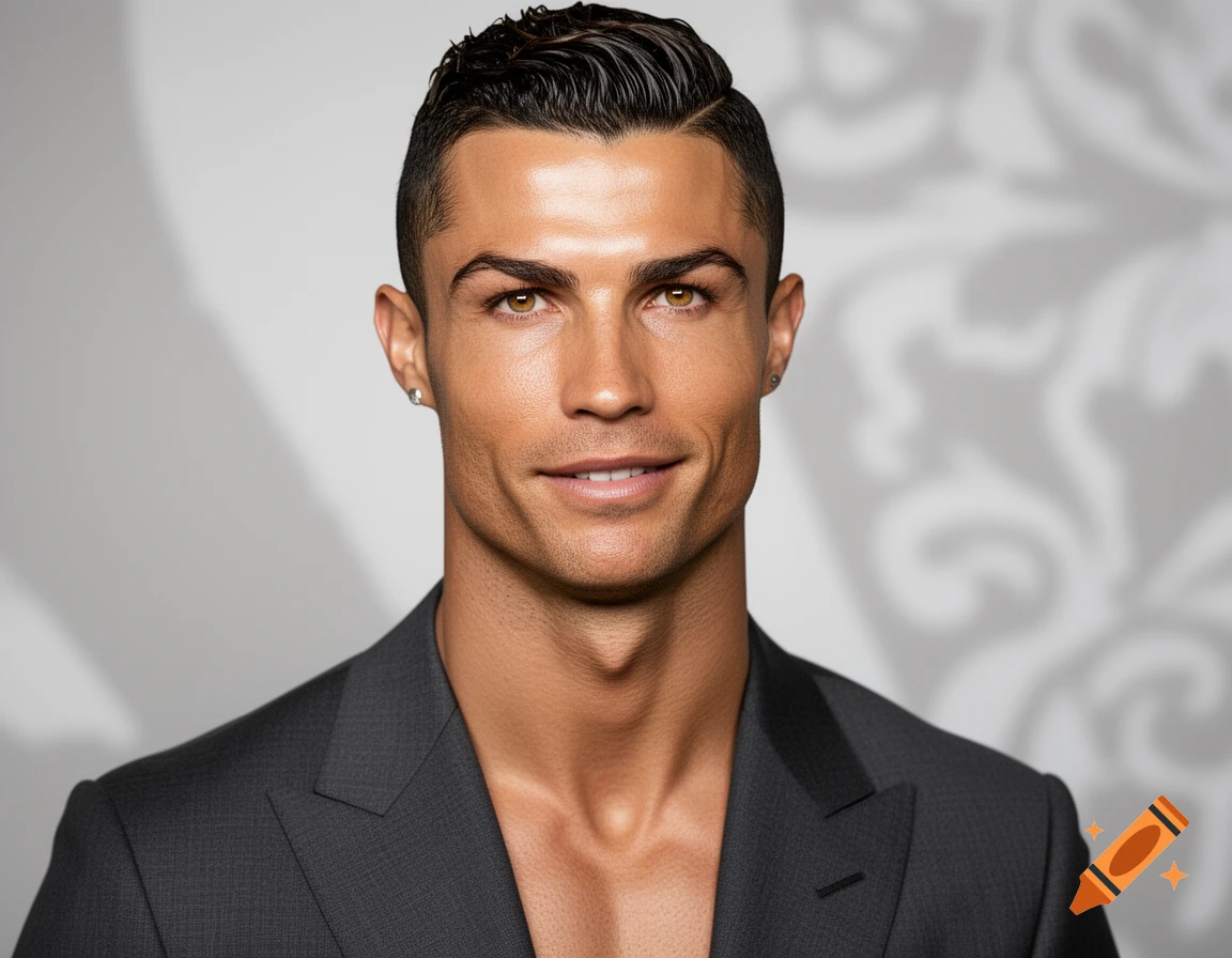 Photorealistic portrait of Cristiano Ronaldo in a dark suit against a subtly patterned gray background, smiling slightly.