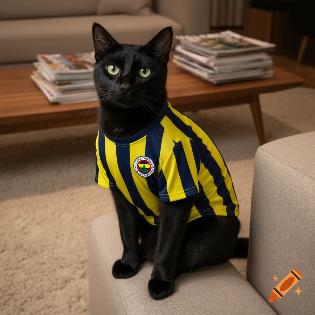 A black cat sits on a sofa, wearing a yellow and blue striped Fenerbahçe football jersey with a blurred logo.