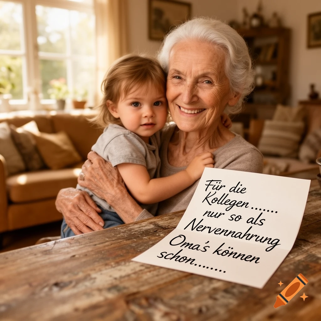 A happy elderly woman with white hair smiles while holding a young child in a warm, sunlit home, with a handwritten note on the table.