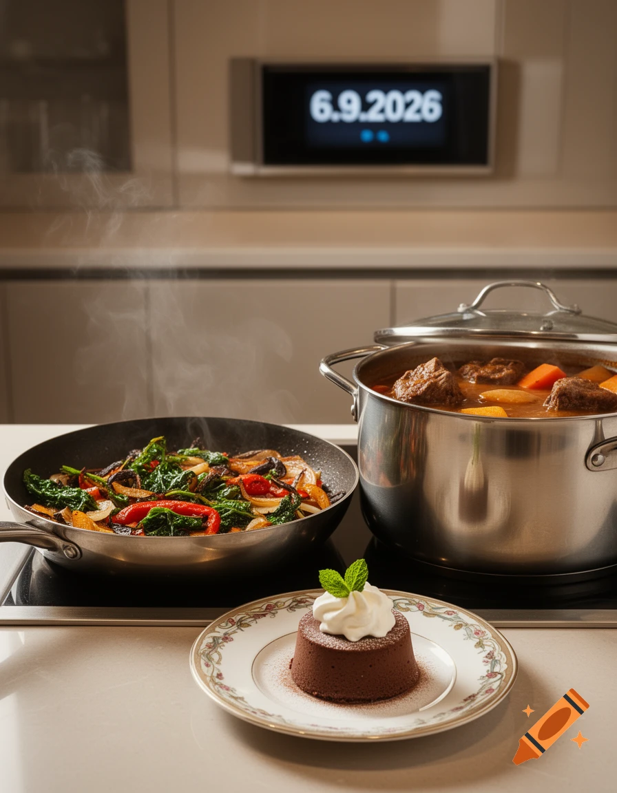 Sautéed vegetables, stew in a pot, and a chocolate dessert on a kitchen counter. A digital display shows 6.9.2026.