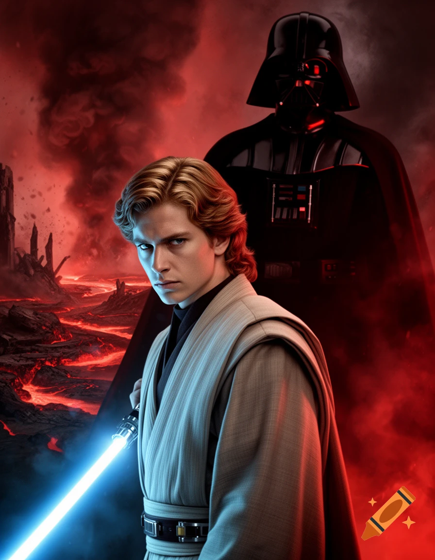 Anakin Skywalker with a blue lightsaber stands in front of Darth Vader and a volcanic landscape, bathed in blue and red light.