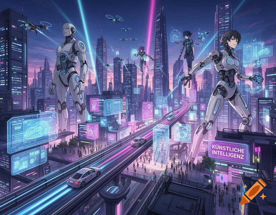 An anime-style futuristic city with giant robots, drones, glowing neon signs, and elevated highways at dusk.