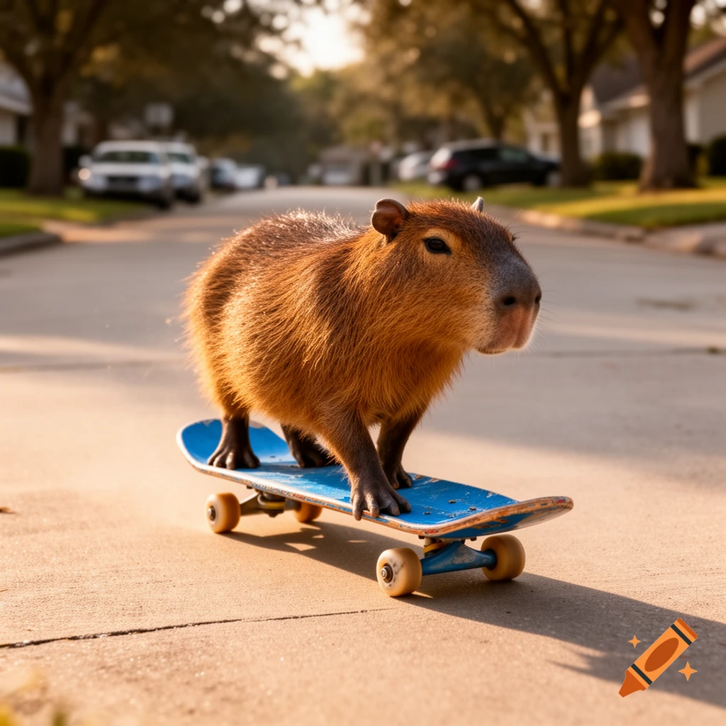 A photorealistic capybara rides a blue skateboard down a sunlit suburban street.