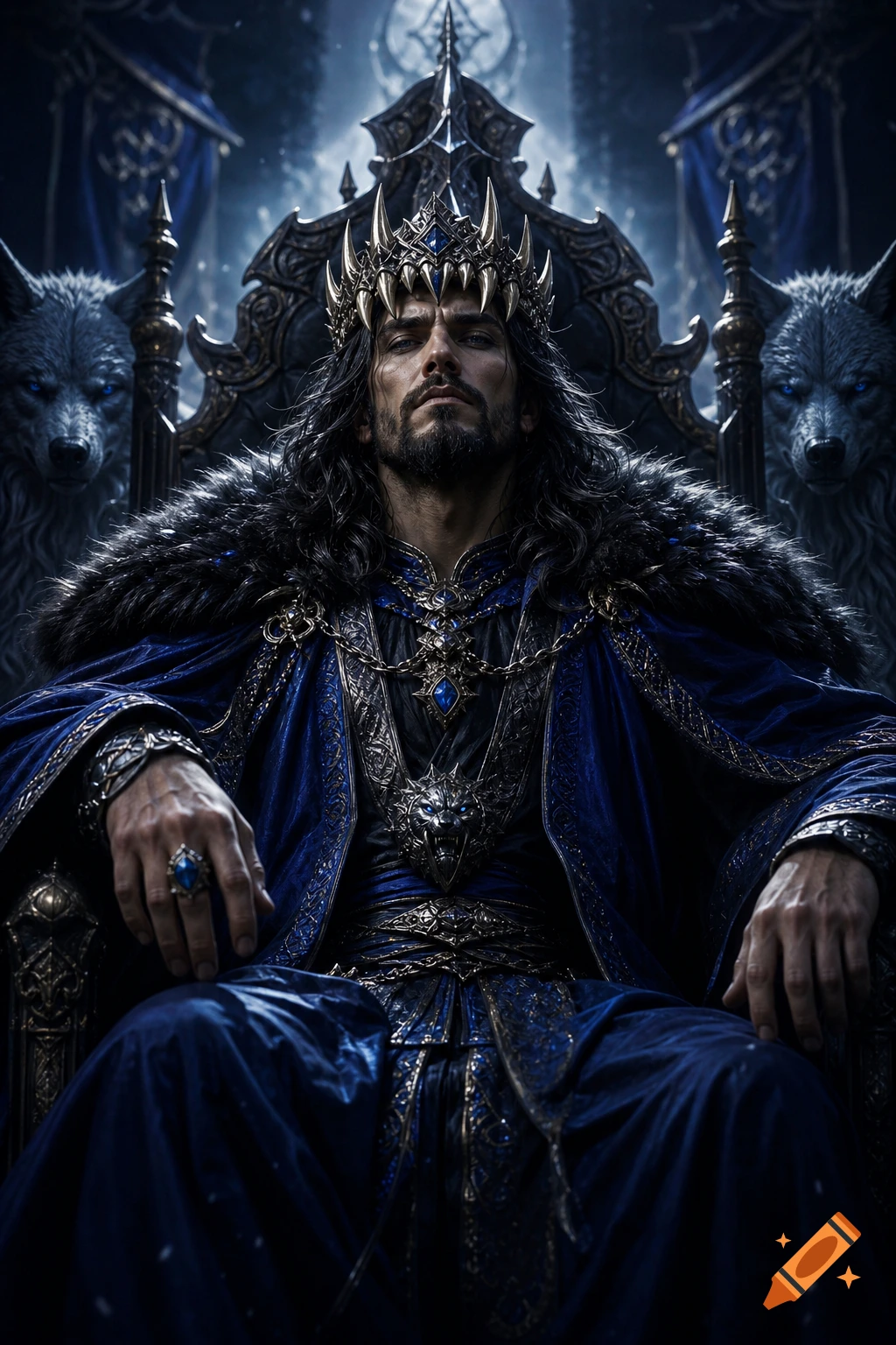 A majestic king with long dark hair, a spiked crown, and a regal blue and gold outfit sits on an ornate throne flanked by two glowing-eyed wolves.