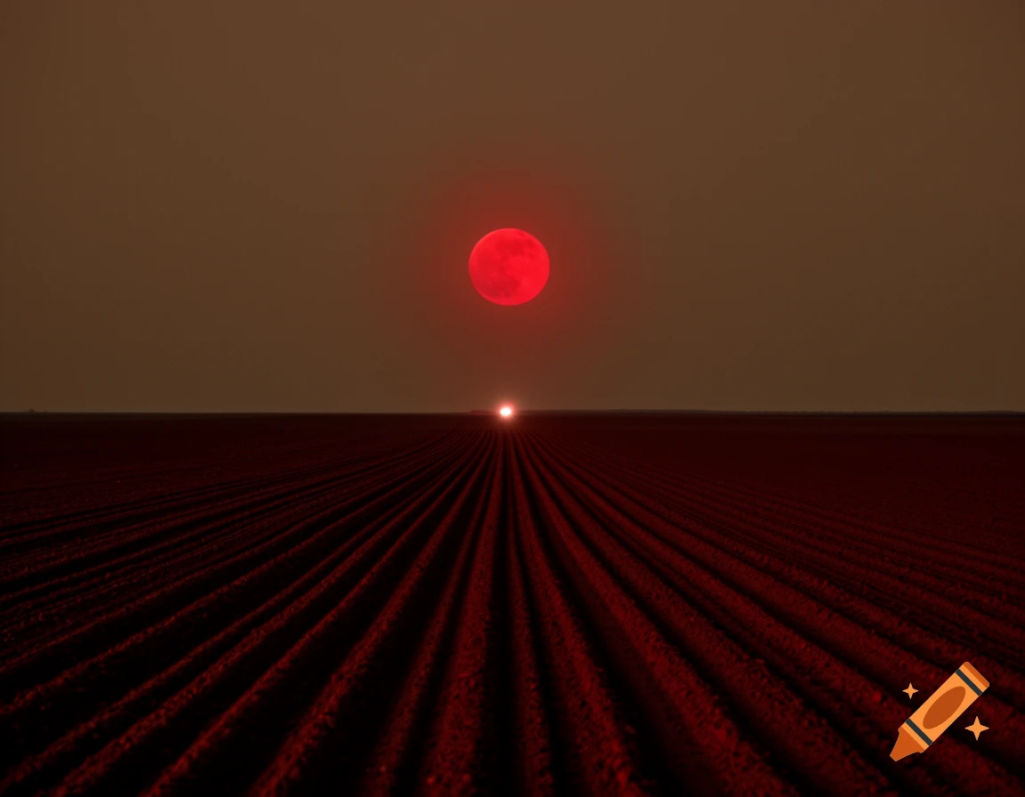 A surreal minimalist landscape with an empty plowed field under a deep red blood moon and a single distant light on the horizon.