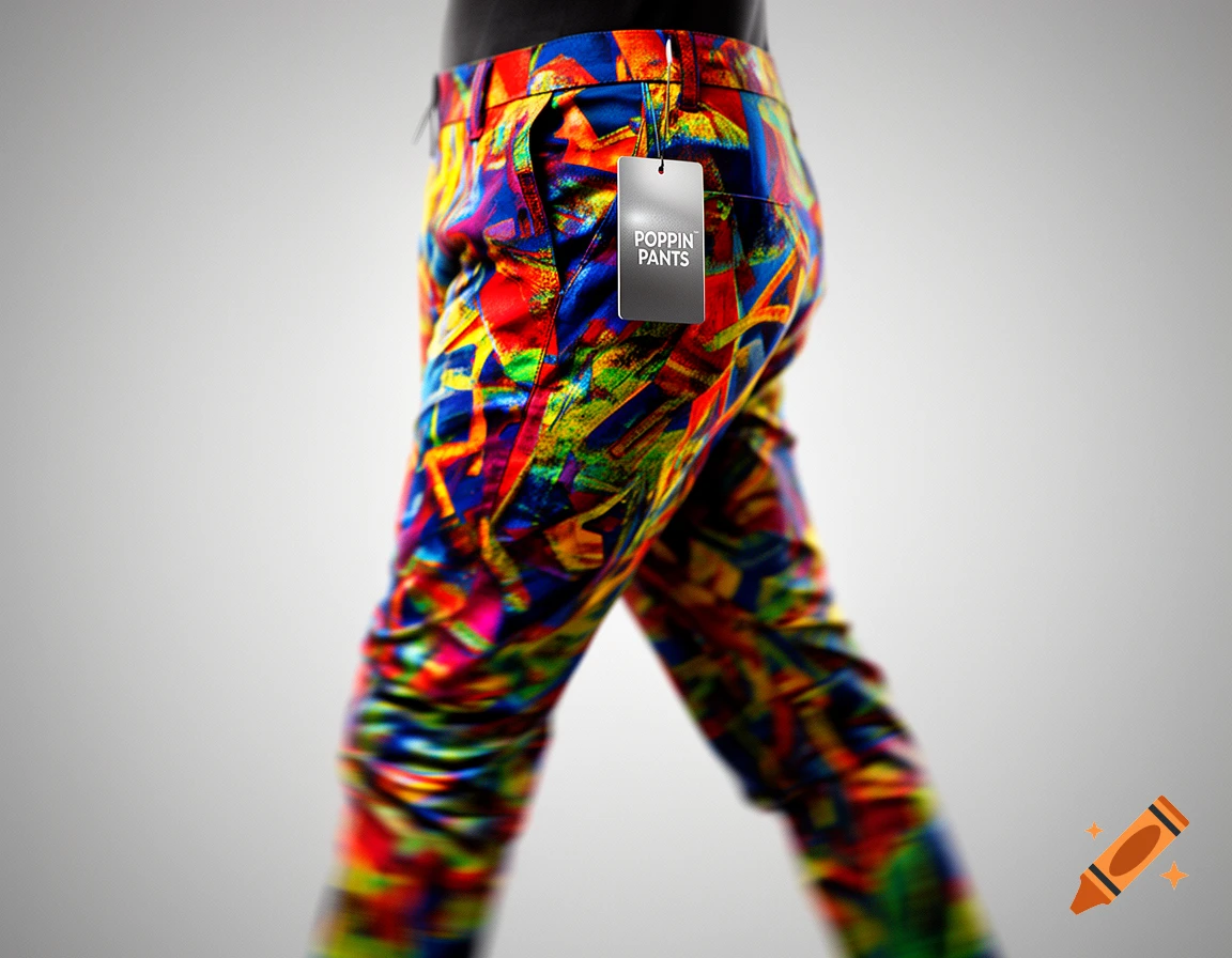 A pair of vibrant, abstract-patterned pants with a 'POPPIN' PANTS' tag on a mannequin against a grey background.