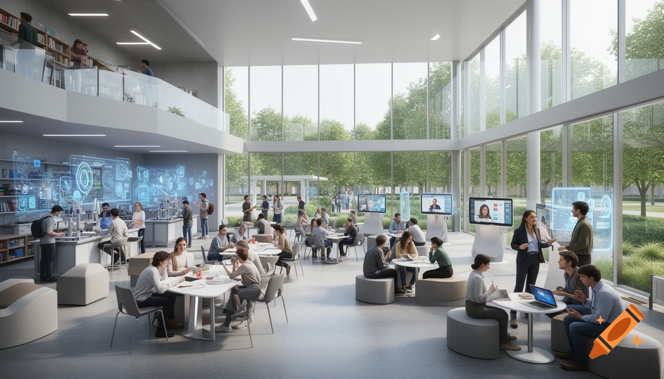 A modern, bright university building with a two-story open plan, students collaborating in groups, using computers, and interacting with large digital displays showing futuristic interfaces.