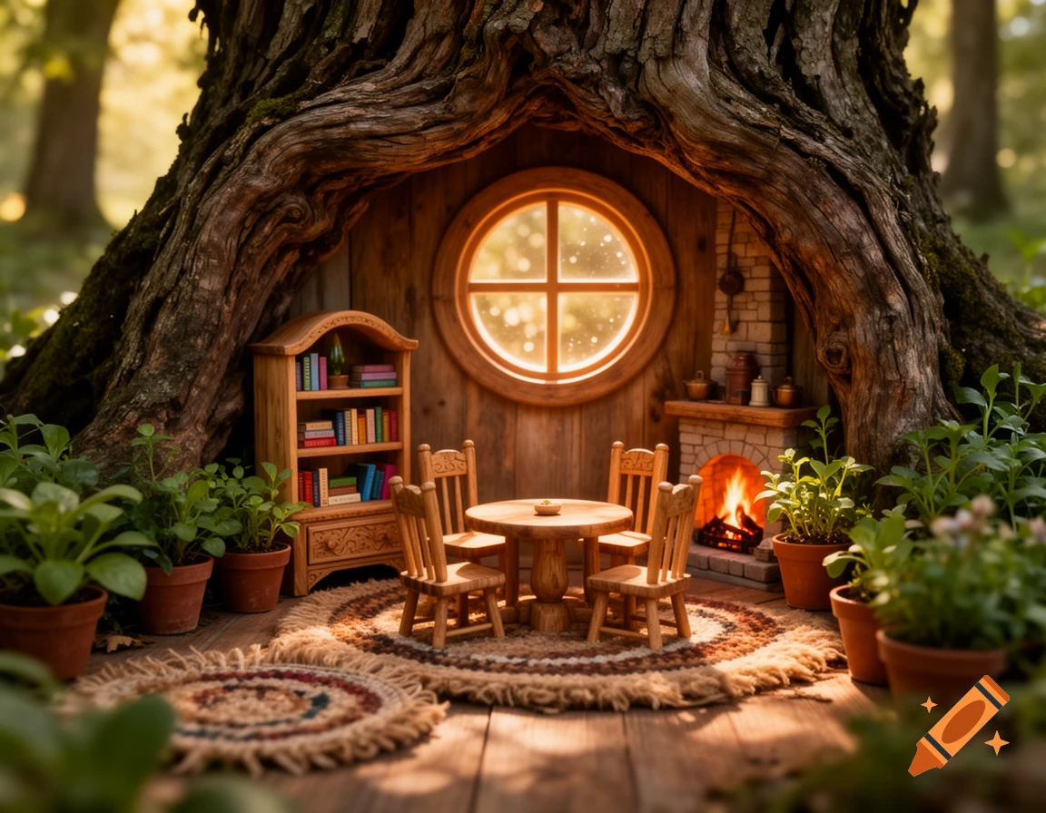 A cozy, miniature dwelling inside a tree trunk, with a round window, fireplace, bookshelf, and tiny wooden furniture.