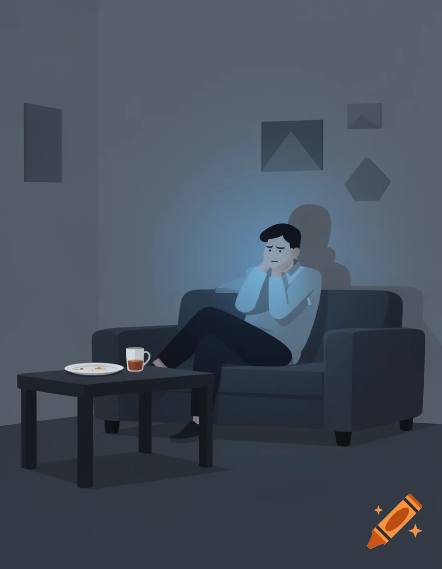 Flat illustration of a person sitting sadly on a couch in a dim room, next to a table with an empty plate and a cup.