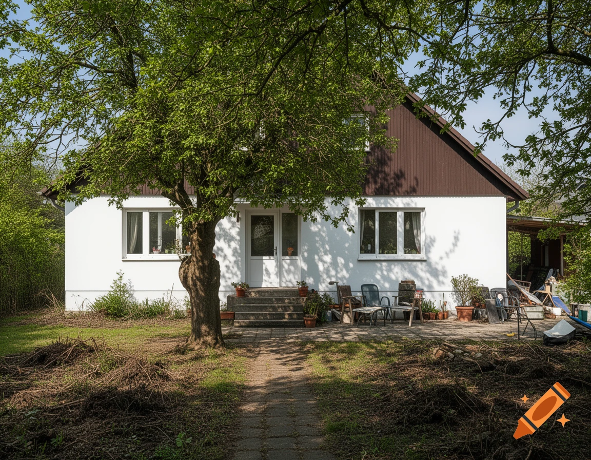 A white house with a brown roof, a messy yard, and a disorganized patio, with a large tree in front of the door.