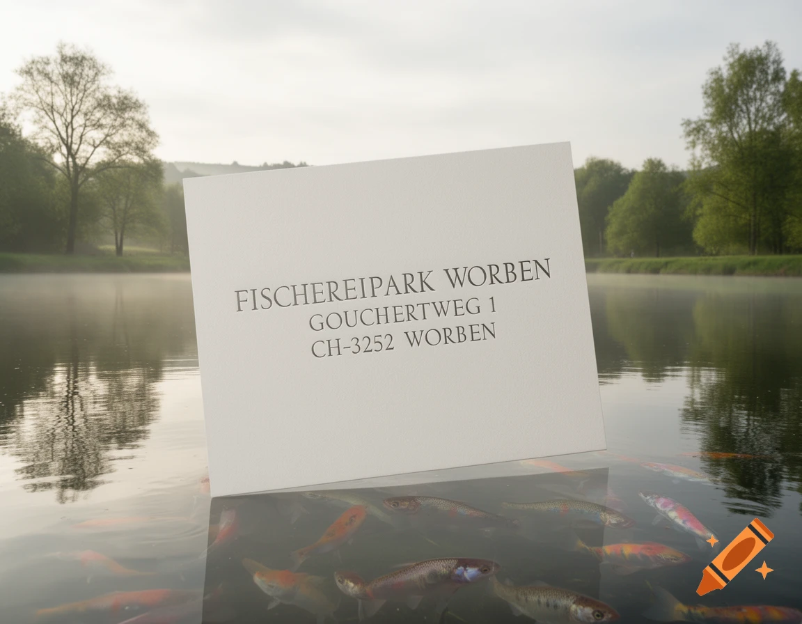 A white card with text floating on a misty lake surface, surrounded by colorful fish and distant trees.