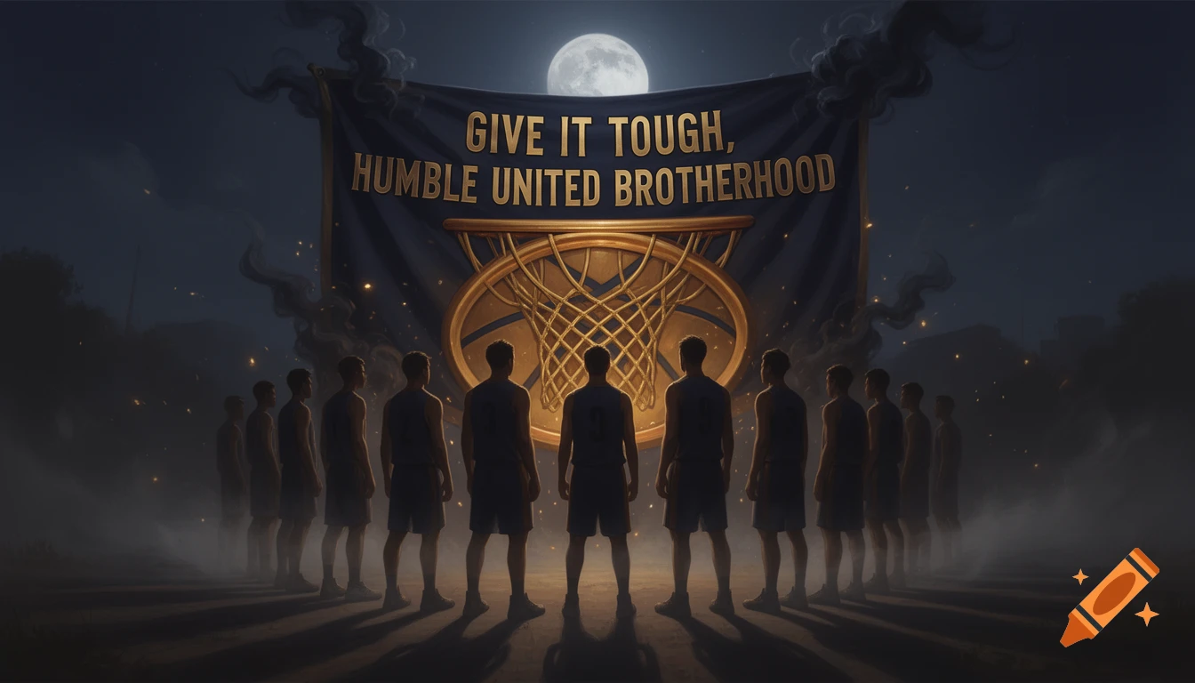 Silhouetted basketball players stand before a banner that reads 'GIVE IT TOUGH, HUMBLE UNITED BROTHERHOOD' under a full moon.