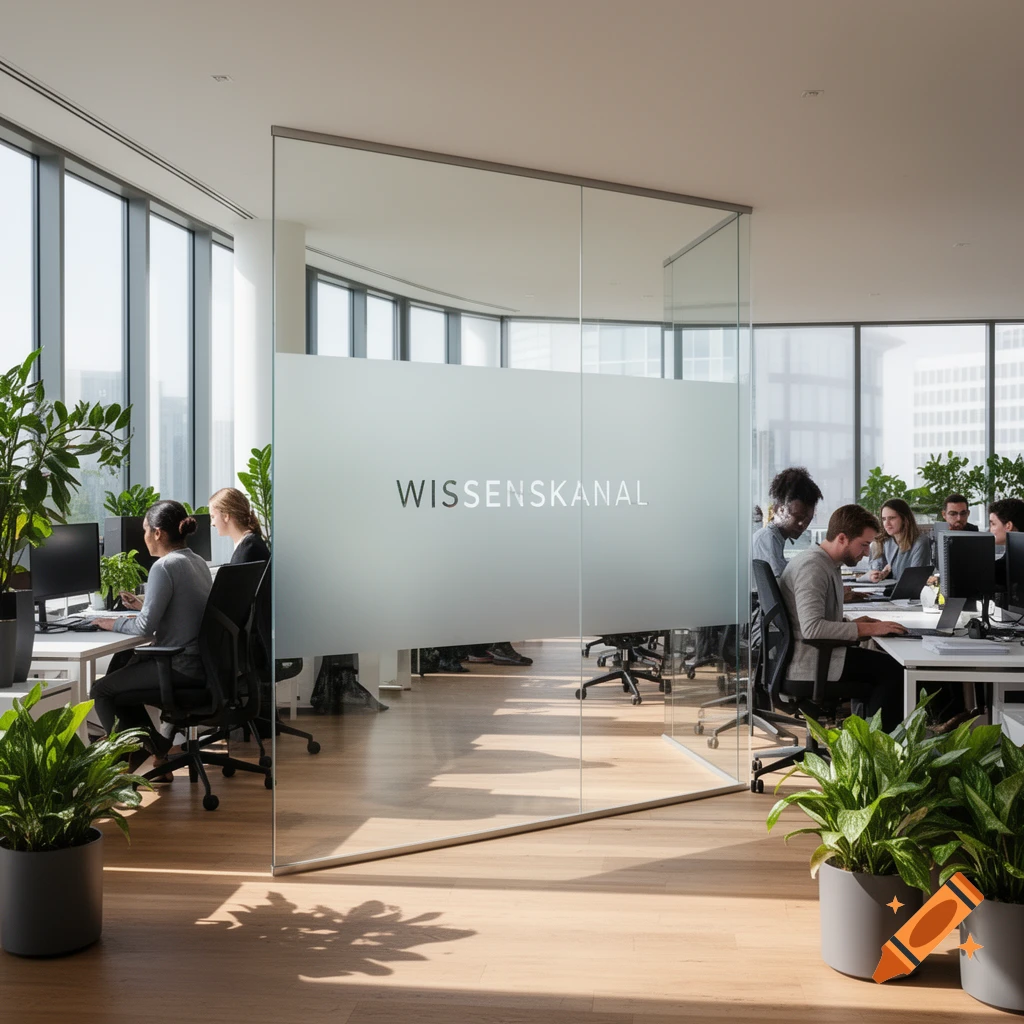 A modern, sunlit office with people working at desks, separated by a glass partition displaying 'WISSENSKANAL'.