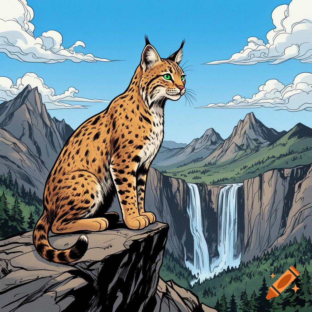 A comic book style illustration of a lynx or bobcat sitting on a rocky cliff overlooking a valley with a waterfall and mountains under a blue sky.