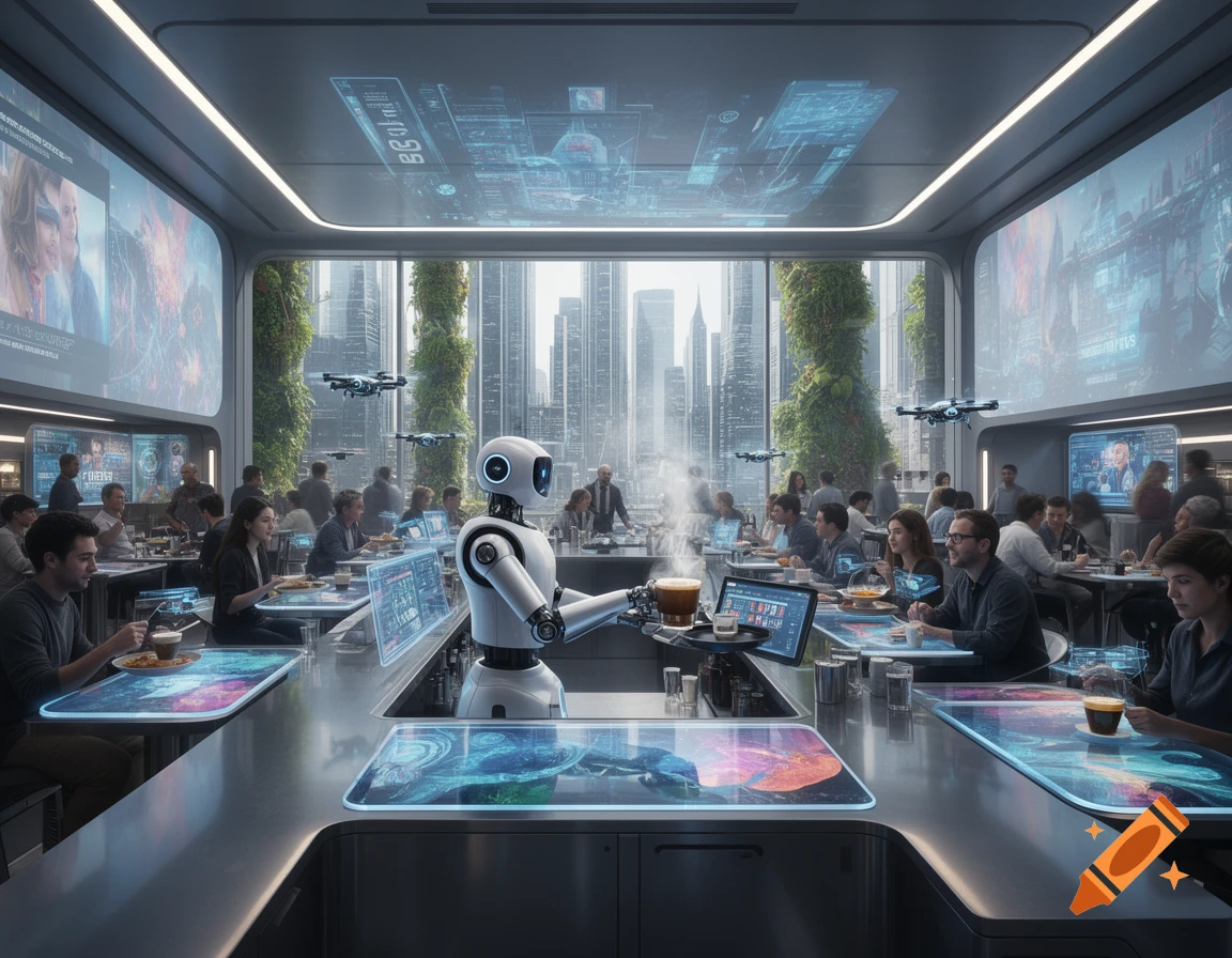 A futuristic cafe in 2090 with robots serving patrons at holographic tables and large wall displays, overlooking a city skyline.