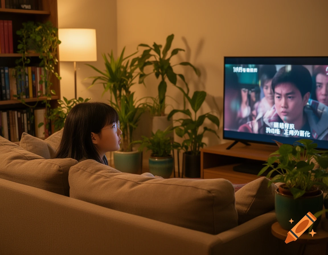 A young girl with glasses watches a TV show on a sofa in a warm living room with many plants and a bookshelf.