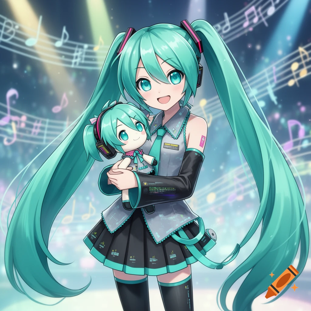 Anime girl Hatsune Miku smiling, holding a plushie of herself against a musical note background.