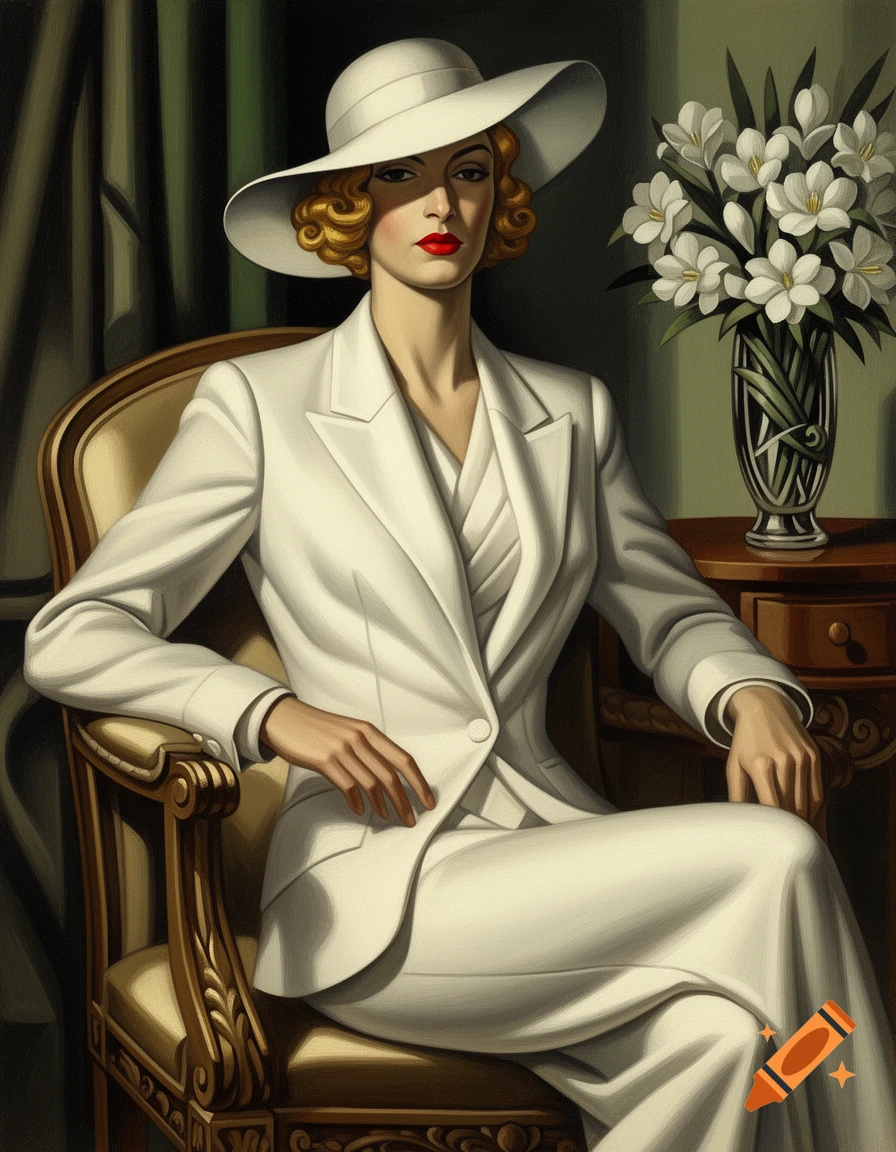 Art Deco painting of an elegant woman in a white suit and wide-brimmed hat, seated in an ornate armchair with a vase of white flowers.