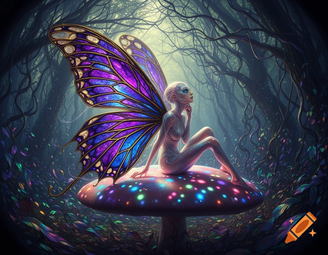 A glowing fairy with large purple and blue butterfly wings sits on a luminous mushroom in a dark, enchanted forest.