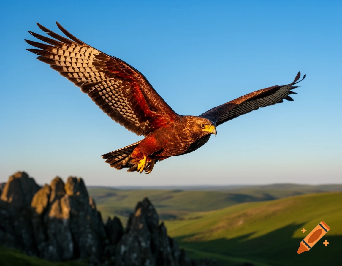 A majestic brown raptor with patterned wings soars across a clear blue sky above a verdant, hilly landscape with rocky peaks.