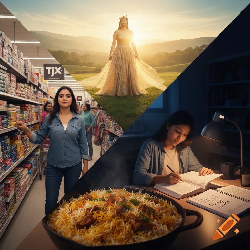 A photorealistic collage depicts a woman shopping, as a queen at sunset, studying a "Public Health" book, and a dish of biryani.