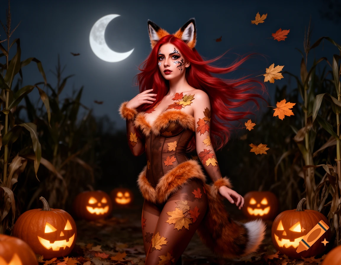 A woman in a red-haired fox costume with autumn leaves on her skin stands in a cornfield with glowing pumpkins under a crescent moon.