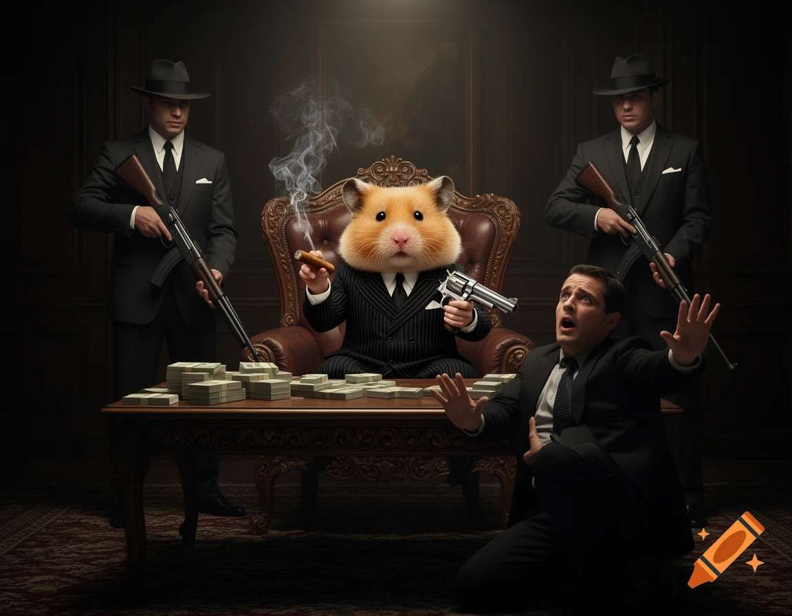 Photorealistic image of a hamster mafia boss smoking a cigar and holding a revolver, surrounded by armed henchmen, with a kneeling man pleading before him on a table with stacks of money.