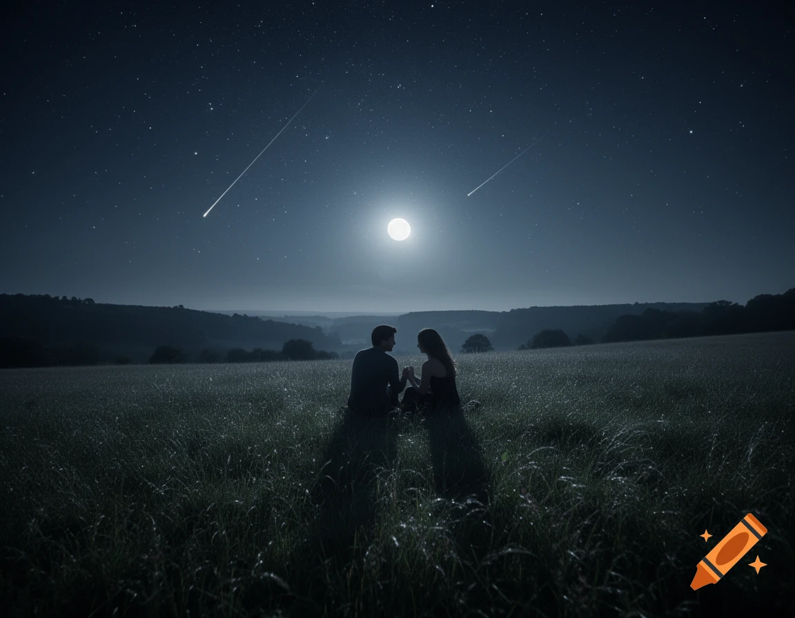 A couple sits closely together in a grassy field under a full moon and starry night sky with two shooting stars streaking across.