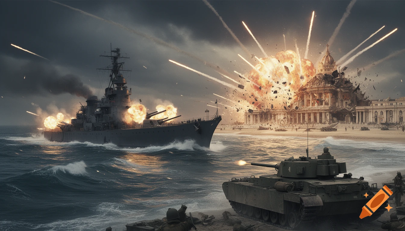 A photorealistic warship fires at an exploding domed building on a beach, with a tank and soldiers in the foreground under a stormy sky.
