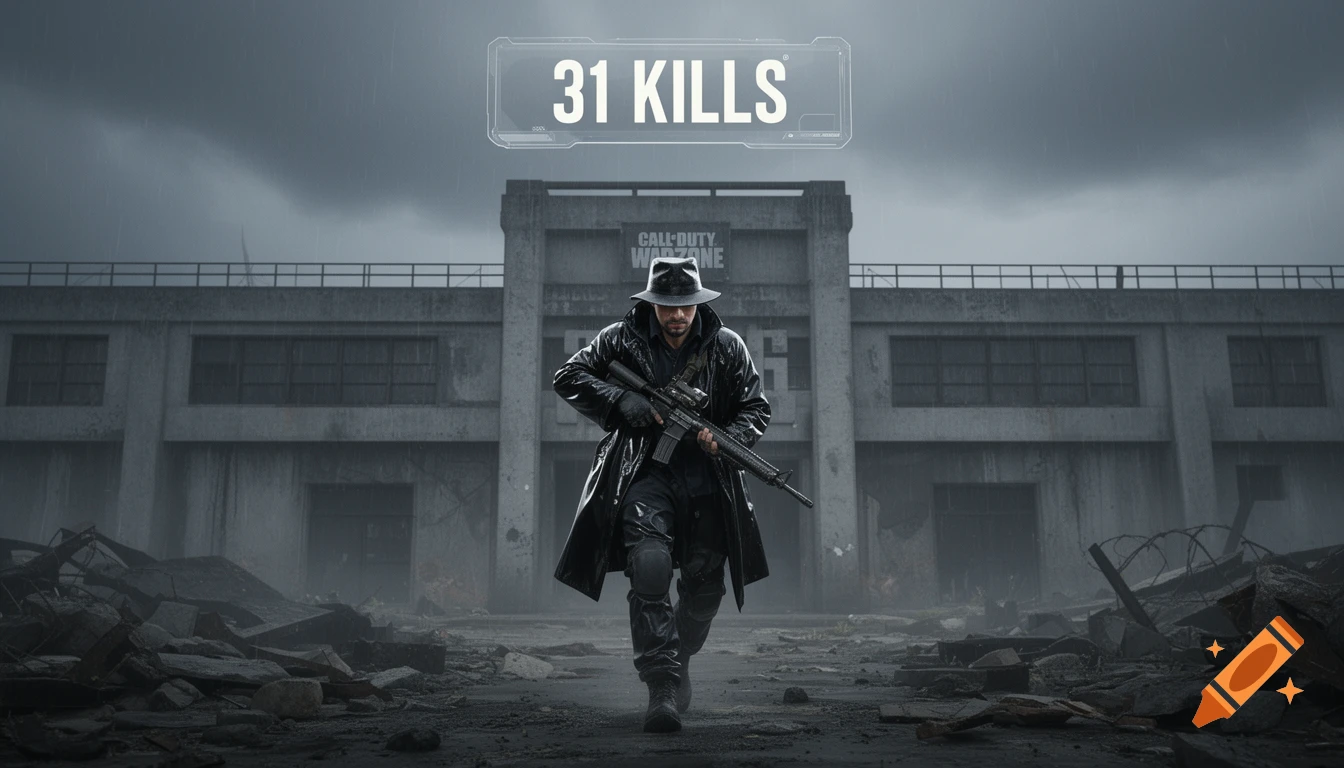 A man in a black raincoat and hat, holding an assault rifle, walks through debris in front of a concrete building under a rainy sky, with '31 KILLS' displayed.