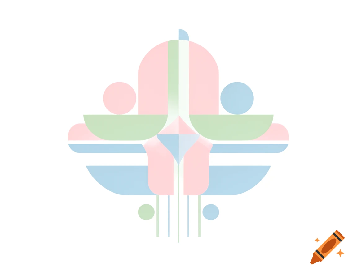 Abstract geometric flat art motif in pastel pink, green, and blue on a white background.