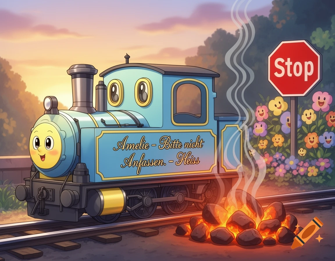 A cute blue cartoon train with a happy face is on tracks, next to a pile of glowing coals and a red stop sign among smiling flowers, at sunset. The train reads "Amelie - Bitte nicht Anfassen. - Heiss".