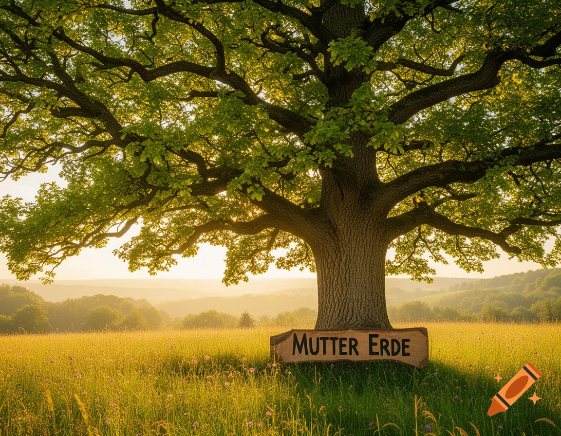 A majestic oak tree stands in a sunlit golden field with a sign reading 'MUTTER ERDE' (Mother Earth) at its base. Photorealistic.