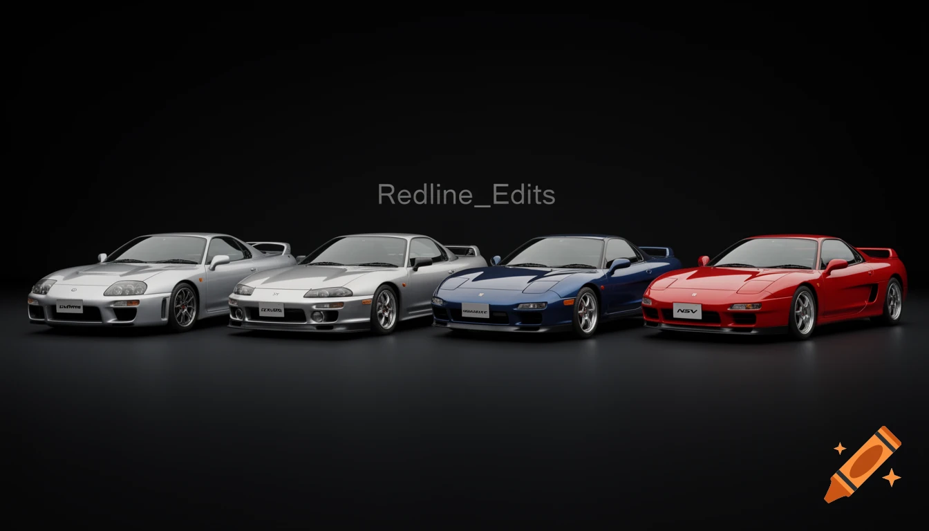 Four classic JDM sports cars in silver, blue, and red, are lined up horizontally against a dark background, with "Redline_Edits" in grey text above.