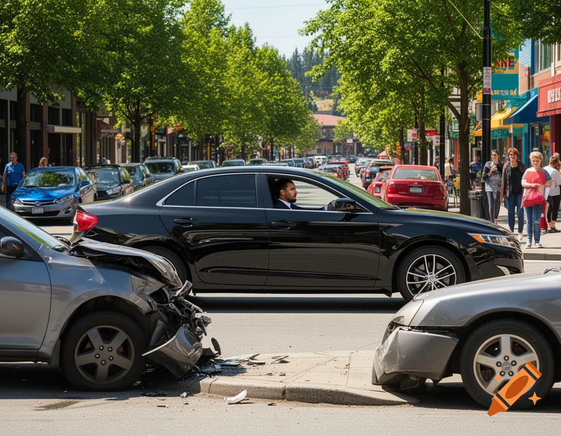 A black car drives past a two-car crash on a sunny city street. One gray car has its front end crumpled on the sidewalk, another gray car's bumper is damaged.