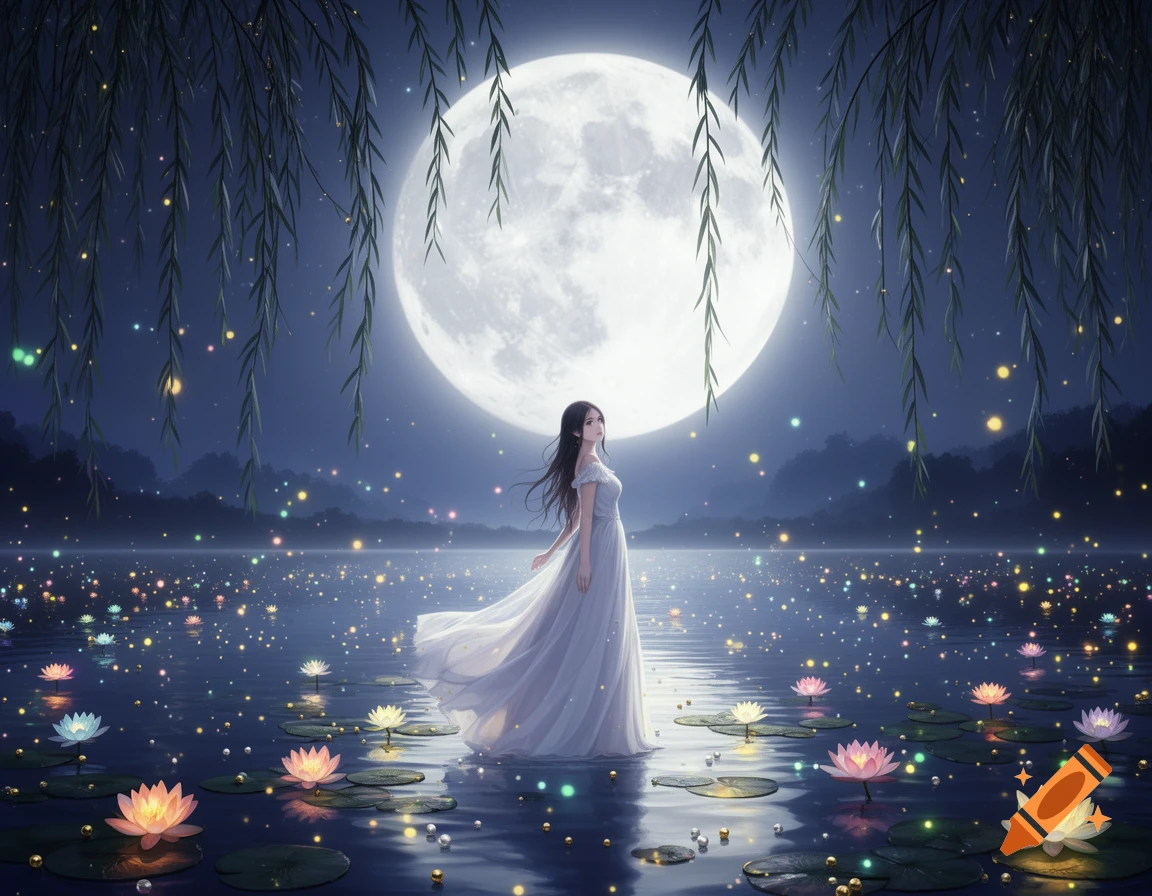 A woman in a white dress stands in a moonlit lake with glowing water lilies and willow branches in a romantic anime style.