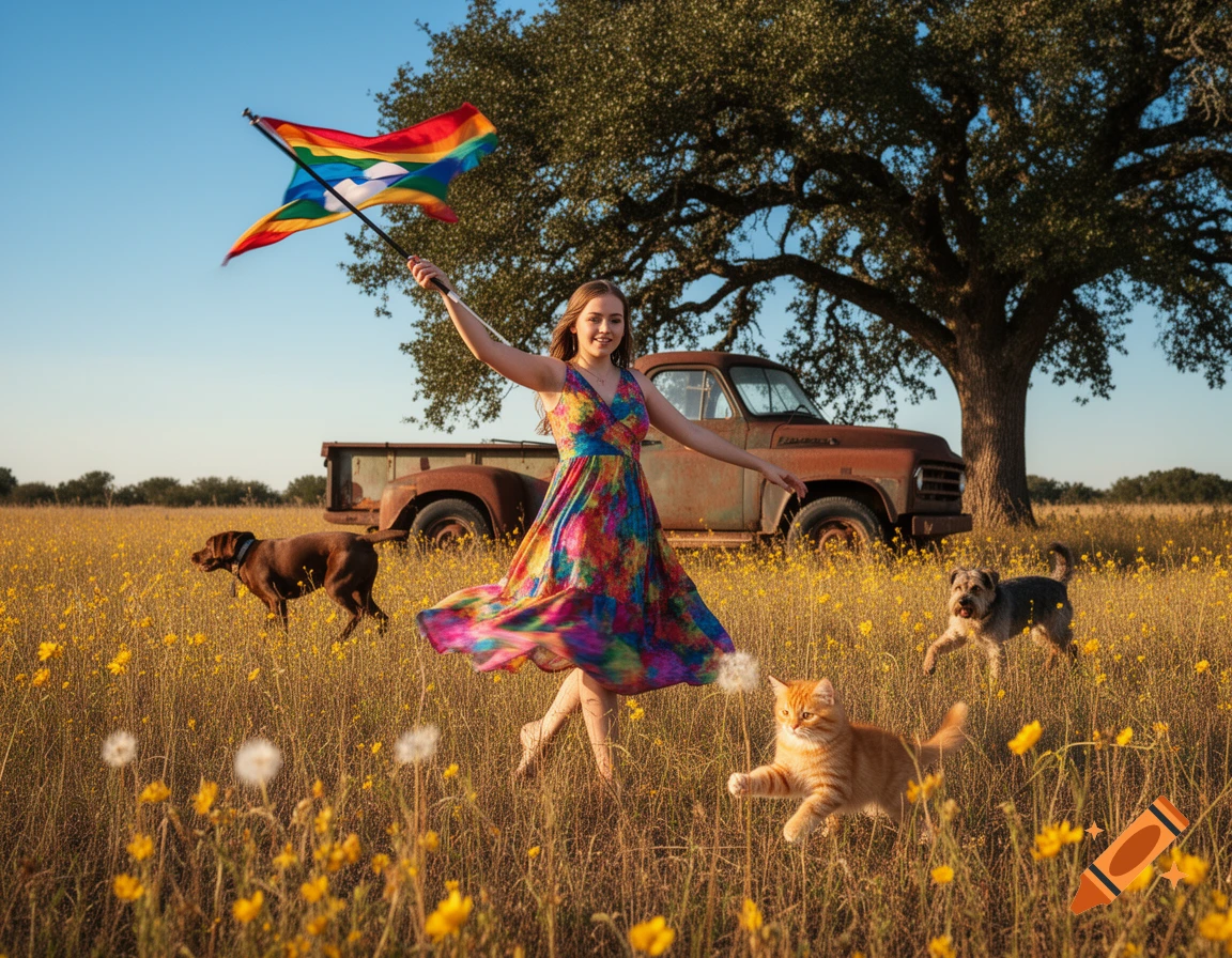 A woman in a colorful dress dances joyfully in a sunny field of yellow flowers, holding a waving rainbow flag. A cat and two dogs play around her, with an old rusty truck and a large tree in the background. Photorealistic style.
