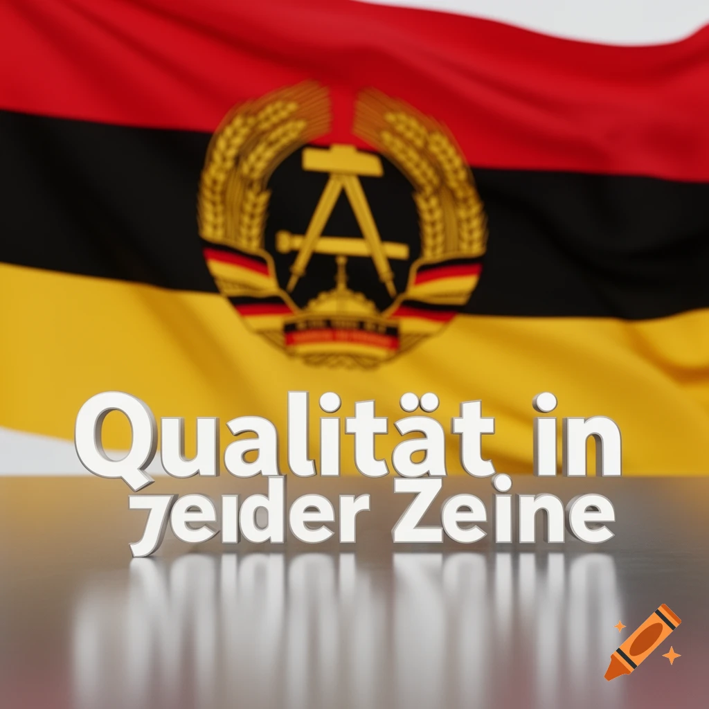 A 3D rendering of the East German flag (red, black, yellow with a hammer, compass, and wreath emblem) behind white 3D text that reads "Qualität in jeder Zeile."