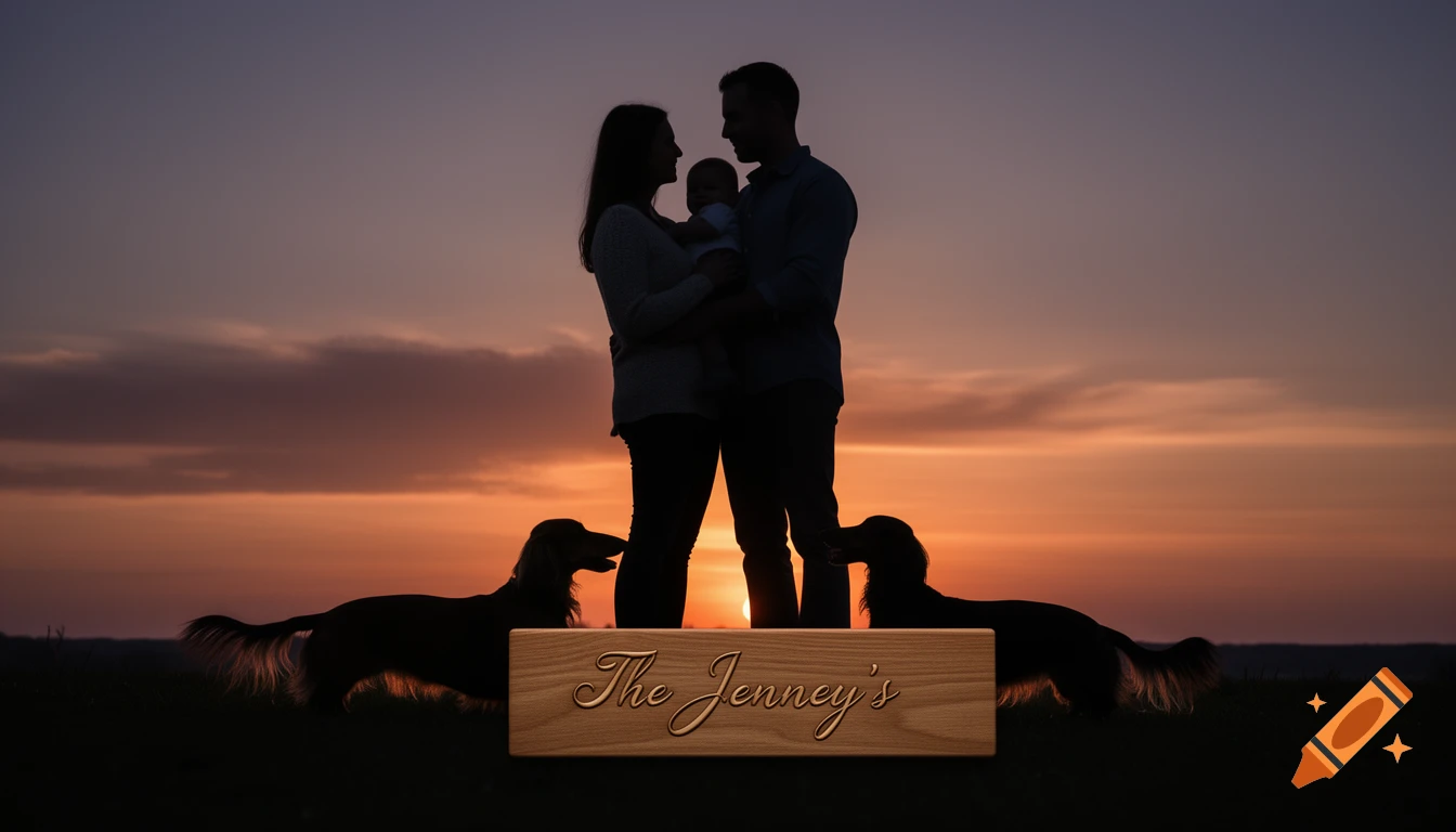 Silhouetted family with baby and two long-haired dachshunds against a sunset, with a sign carved with 'The Jenney's'.
